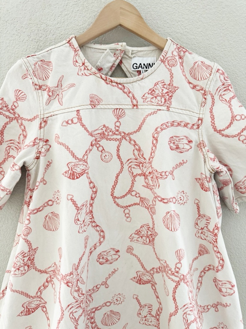 Ganni RARE Lobster Seashell Print Nautical Denim Mini Dress 4 Cream Red Shift - Picture 10 of 16